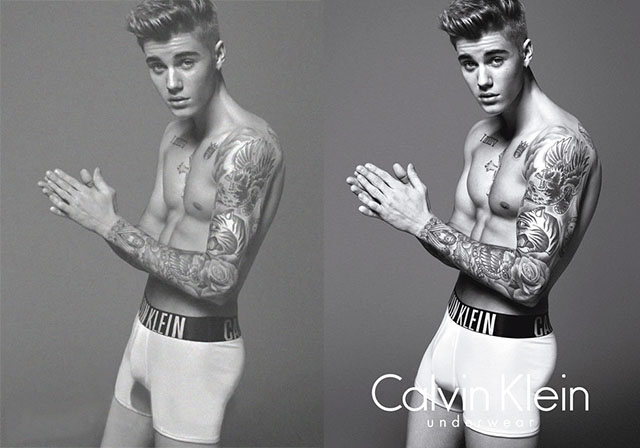 Justin Bieber photoshopped for the Calvin Klein photoshoot. Image on the right shows Justin Bieber photoshopped with larger muscles and biceps whilst image on the left shows Justin Bieber normally.