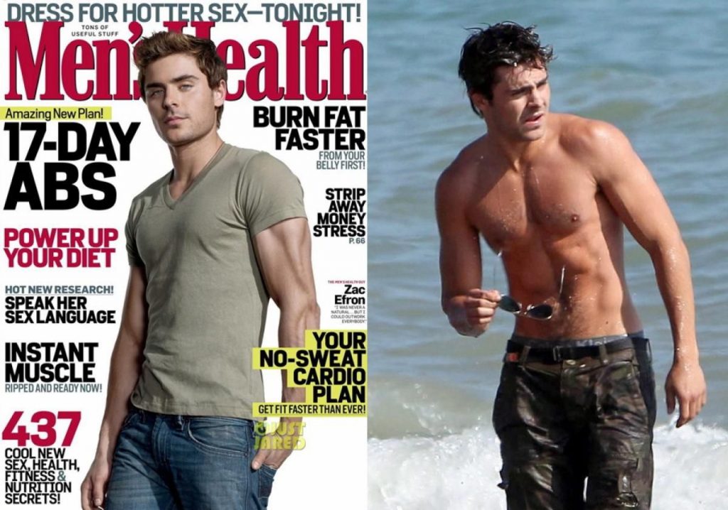 Zac Efron photoshopped in the magazine Men's Health. Image on the left shows Zac Efron photoshopped with larger muscles and biceps whilst image on the right shows Zac Efron normally.